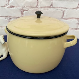 Może przedstawiać: Kremowy garnek emaliowany z czarną pokrywką i uchwytem. Garnek ma czarną obwódkę wokół górnej krawędzi.