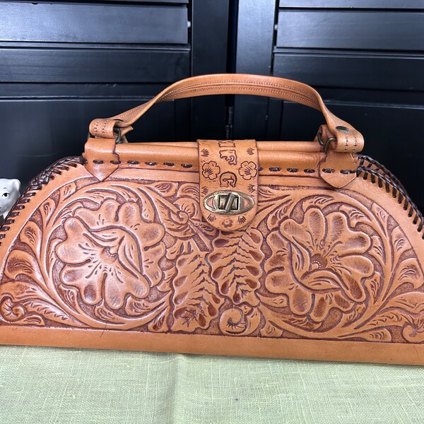 Vintage, HAND TOOLED LEATHER, Purse, with Floral Design, 13.75" x 6", Unlined, Twist Snap Closure