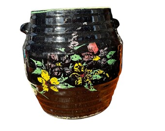 Vintage Hand-Painted Crock Planter: Black Floral Design, Distressed Finish