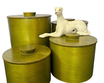 Mid Century, Danish Style, Green,  WOOD, NESTING CANISTERS,  Set of 4, Retro Style, Industrial Style