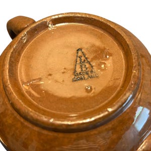 May include: A close-up of the bottom of a brown ceramic mug with a handle. The base features a stamped mark that reads "MADE IN ENGLAND" and a logo. The mug has a glossy finish.