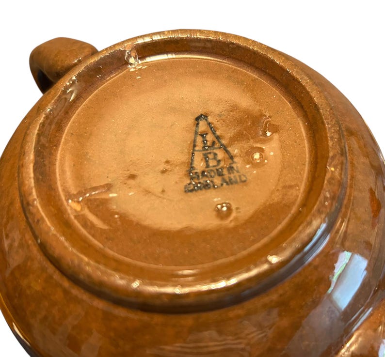 May include: A close-up of the bottom of a brown ceramic mug with a handle. The base features a stamped mark that reads "MADE IN ENGLAND" and a logo. The mug has a glossy finish.