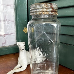 Vintage 1930's Blue Ribbon Coffee Mason Jar - Embossed Glass