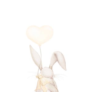 May include: A soft-toned illustration of a light gray rabbit viewed from behind, featuring long ears and a fluffy tail. The rabbit is holding a pale yellow heart-shaped balloon tied with a matching ribbon bow around its neck.