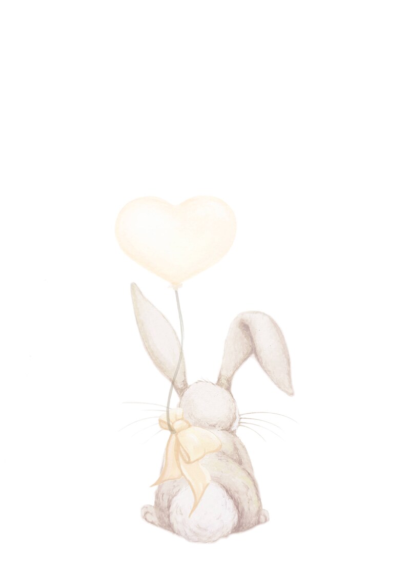 May include: A soft-toned illustration of a light gray rabbit viewed from behind, featuring long ears and a fluffy tail. The rabbit is holding a pale yellow heart-shaped balloon tied with a matching ribbon bow around its neck.