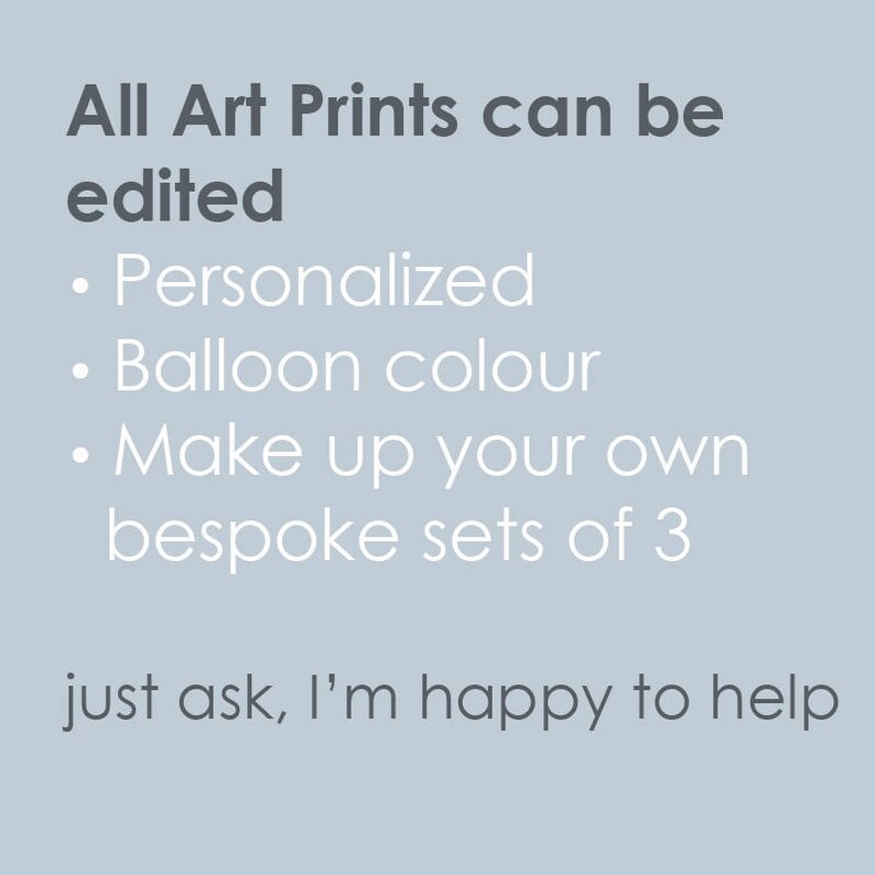 May include: A light blue informational graphic with dark gray and white text that reads: All Art Prints can be edited, Personalized, Balloon colour, Make up your own bespoke sets of 3, just ask, I'm happy to help.