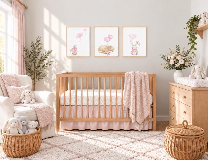 May include: A wooden crib with a light pink ruffled skirt and a textured pink throw blanket, positioned in front of three framed wall prints featuring watercolor rabbits and pink heart-shaped balloons in a nursery setting.