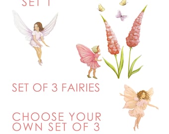 May include: Set of three fairy illustrations. Each fairy has pink wings and a pink dress. The fairies are flying in front of a white background. The text "SET 1" is at the top of the image. The text "SET OF 3 FAIRIES" is in the middle of the image. The text "CHOOSE YOUR OWN SET OF 3" is at the bottom of the image.
