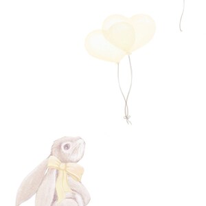 May include: A light brown rabbit with a yellow bow around its neck looks upward toward three pale yellow heart-shaped balloons floating in the air. The illustration features soft, muted tones and a clean, white background.