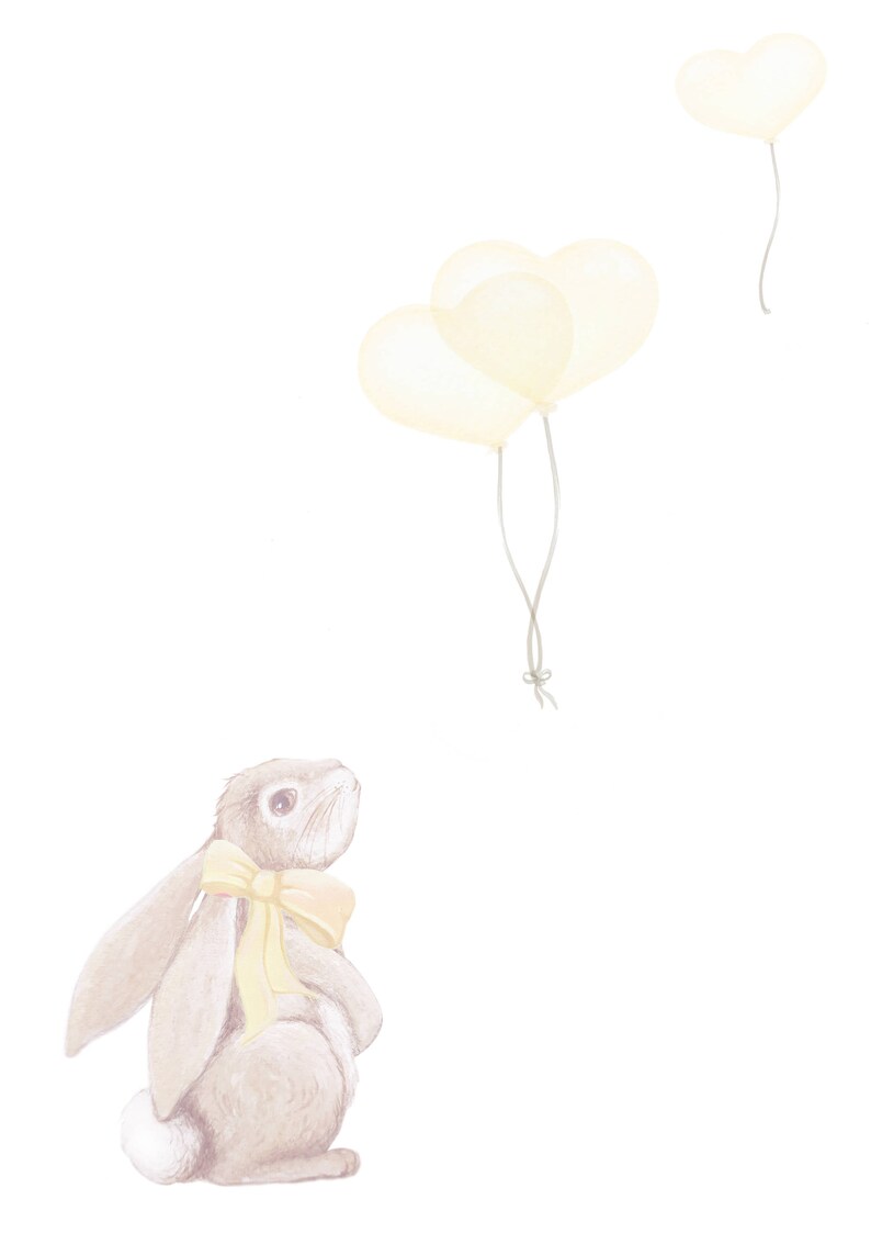 May include: A light brown rabbit with a yellow bow around its neck looks upward toward three pale yellow heart-shaped balloons floating in the air. The illustration features soft, muted tones and a clean, white background.