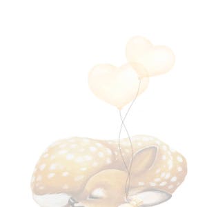 May include: A sleeping fawn with white spots on its light brown fur, resting with a pale yellow bow tied to its ear. Two translucent, pale yellow heart-shaped balloons are attached to the bow by thin strings, floating above the fawn.