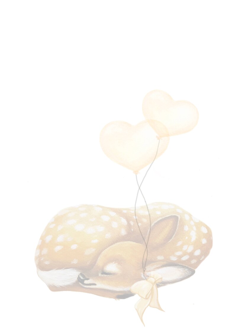 May include: A sleeping fawn with white spots on its light brown fur, resting with a pale yellow bow tied to its ear. Two translucent, pale yellow heart-shaped balloons are attached to the bow by thin strings, floating above the fawn.