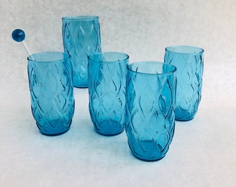 Vintage Turquoise Anchor Hocking Madrid Tumblers, Set of 5