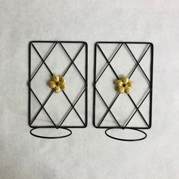 Vintage MCM Black Metal Wall Plant Racks, Diamond & Gold Flower Detail, Set of 2
