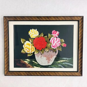 Vintage framed floral crewel, vintage flower crewel, vintage floral decor, MCM crewel, flower bouquet crewel, MCM fiber arts embroidery