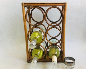 Vintage boho wine rack, vintage wooden wine rack, wooden wine rack, small rattan wine rack, small bamboo wine rack, small boho wine rack