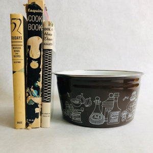 Vintage enamelware cooking bowls, vintage enamelware Cera-met cooking bowls, enamelware bowls with cooking motif, brown enamelware bowls
