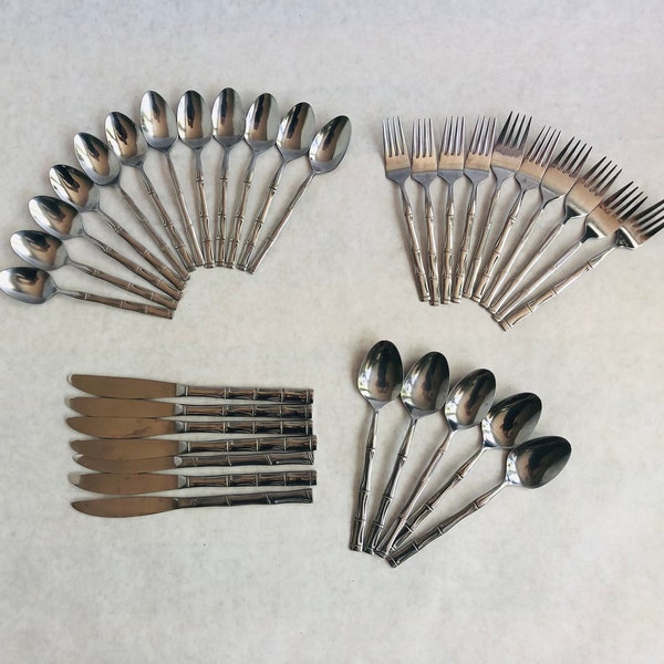 Vintage stainless bamboo silverware lot, vintage bamboo utensil lot, midcentury stainless bamboo utensils, vintage Japanese silverware lot