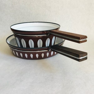 Cathrineholm lotus pan set, Cathrine holm brown lotus pot and pan set, vintage enamelware cooking set, midcentury Scandinavian enamelware