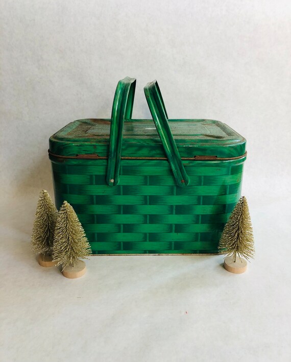 Vintage metal green picnic basket, vintage green … - image 8