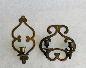 Vintage Ornate Brass Candle Sconce Pair, Curved Design