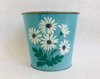 Vintage metal trashcan, vintage blue flower trashcan, vintage flower garbage can, midcentury flower trash can, blue vintage trash can