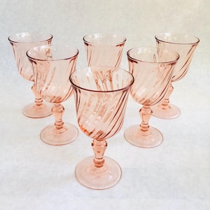 Vintage pink wine glasses, Cristal D&#39;Arques-Durand Rosaline Pink Optic Swirl Cordial, vintage pink barware, brunch Easter Mother&#39;s Day
