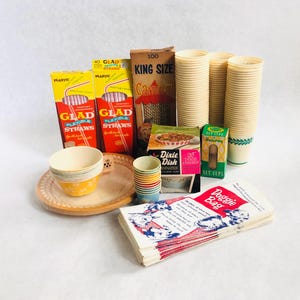 Vintage paper party goods, NOS party goods, vintage paper plates straws bowls nut cups paper cups, vintage flower power party goods, props