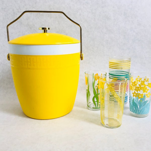Vintage yellow ice bucket, midcentury ice bucket, yellow barware, vintage barware, Olympian Thermo-ware ice bucket, summer cocktails, gift