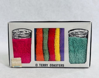 Posavasos de tela de rizo nuevos de stock antiguo, portavasos, artículos de bar vintage, bebidas de los años 70, enfriadores de vasos de tela de rizo, cócteles vintage