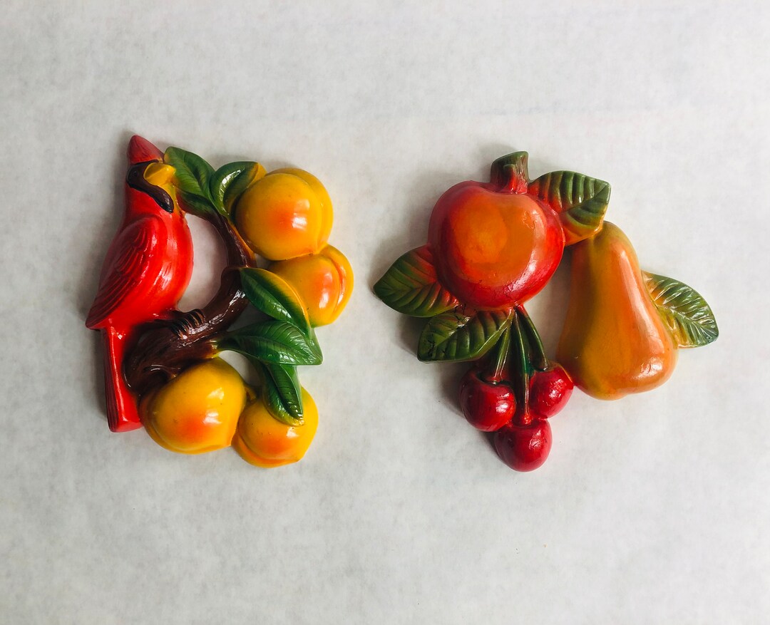 Rare Miller Studio Chalkware Fruit Wall Plaques, Miller Studio Cardinal Chalkware, Vintage