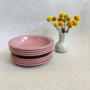 Vintage Dallas Ware melmac plates, pink Dallas Ware, pink Texas Ware, vintage pink melamine plates and bowls, pink melmac, MCM pink bowls