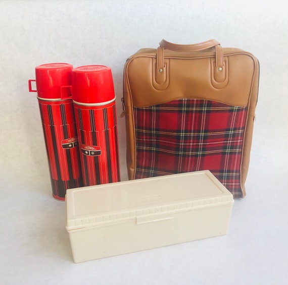 Vintage Picnic Set, 1970s Thermos Brand Retro Plaid Bag Outdoor