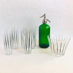 Midcentury barware, vintage black and white Collins glasses and ice bucket, midmod barware, MCM ice bucket and glasses, striped MCM barware