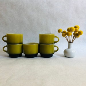 Vintage Fire King mugs, green and black Fire King mugs, green ombre Fire King mugs, vintage green mugs, MCM milk glass mugs, avocado cups