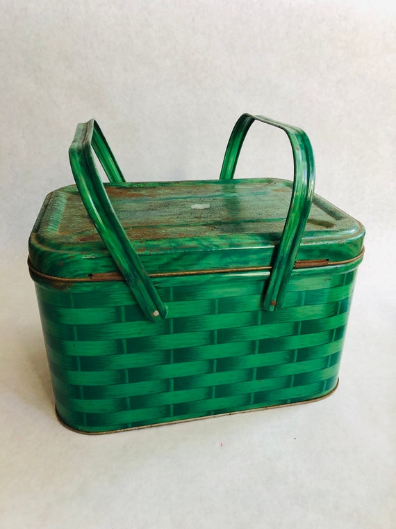 Vintage metal green picnic basket, vintage green … - image 9