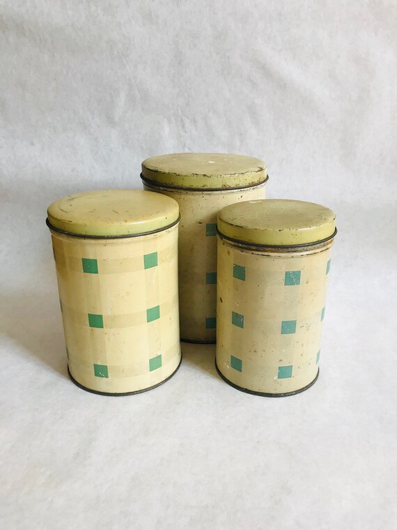 Vintage Tin Plaid Canister Set Tin Kitchen Canisters Plaid Etsy