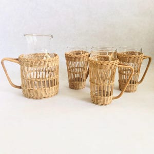 Vintage wicker carafe and glass set, vintage carafe and glass set, woven drinking set, boho carafe and mug set, vintage kitchen, beach house