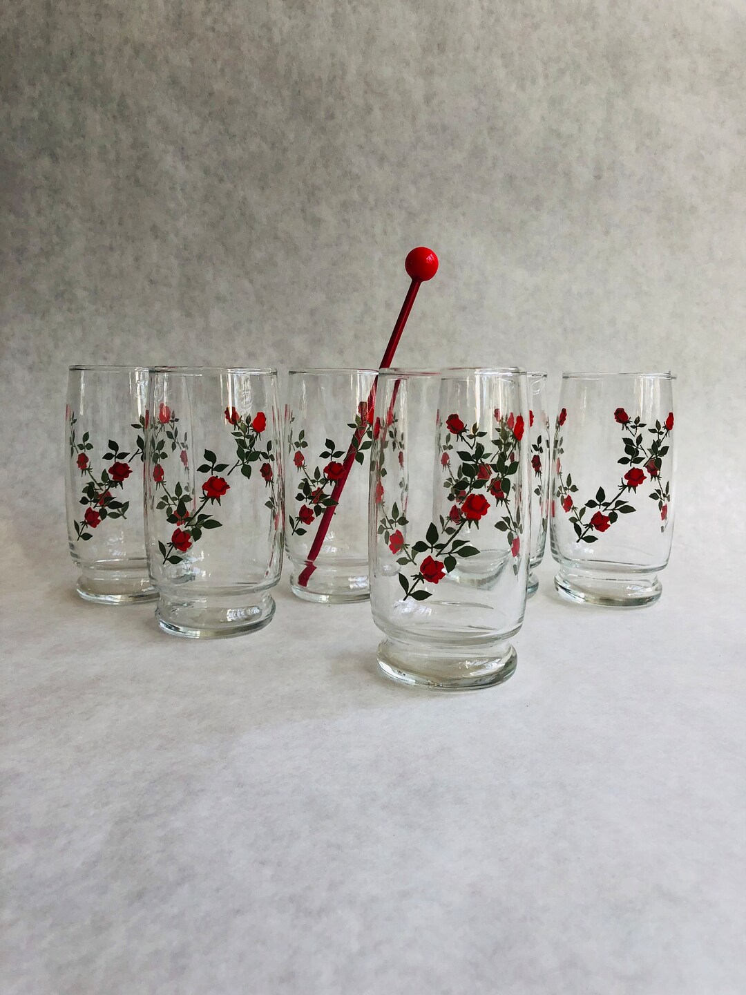 Vintage Red Rose Tumblers, Vintage Red Rose Glasses, Vintage Anchor Hocking Rose Glasses