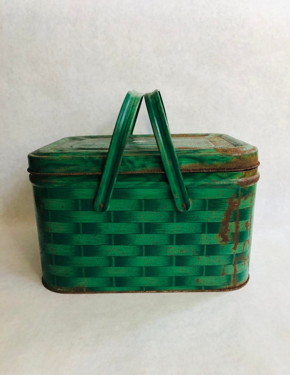 Vintage metal green picnic basket, vintage green … - image 2