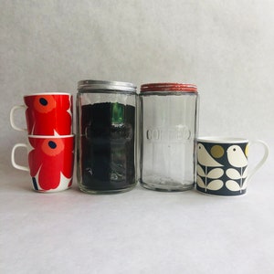 Vintage glass coffee jars, vintage 1940s coffee jar, red lidded vintage glass coffee jar, vintage coffee canister, 1940s coffee canister