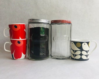 Vintage Faceted Glass Coffee Canister, 1940s Red Lidded Jar