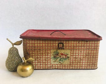 Vintage Plaid Picnic Tin: Golden Cookies Biscuit Box, Watertown Mass