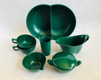 Vintage Branchell Melamine Dish Set, Emerald Green Melmac, 7 Piece