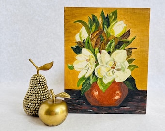 Vintage Spanish white flowers original painting, vintage white lilies painting, original floral still life artwork