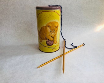 Rare vintage kitten yarn keeper, vintage cat yarn keeper, vintage yarn keeper, vintage yard tin, vintage Olive Can yarn keeper, knitting