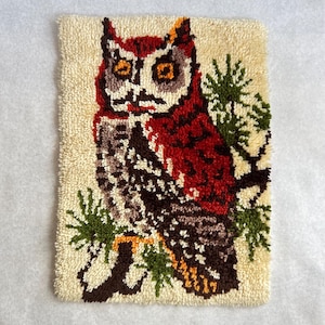 May include: A rectangular latch hook wall hanging featuring a textured owl perched on a pine branch. The owl has bright orange eyes, a red head, and brown and white patterned feathers. The background is cream-colored with green pine needles.