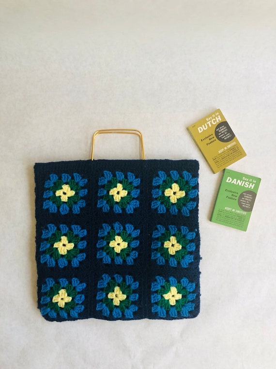 Vintage granny square tote bag, vintage knitted to