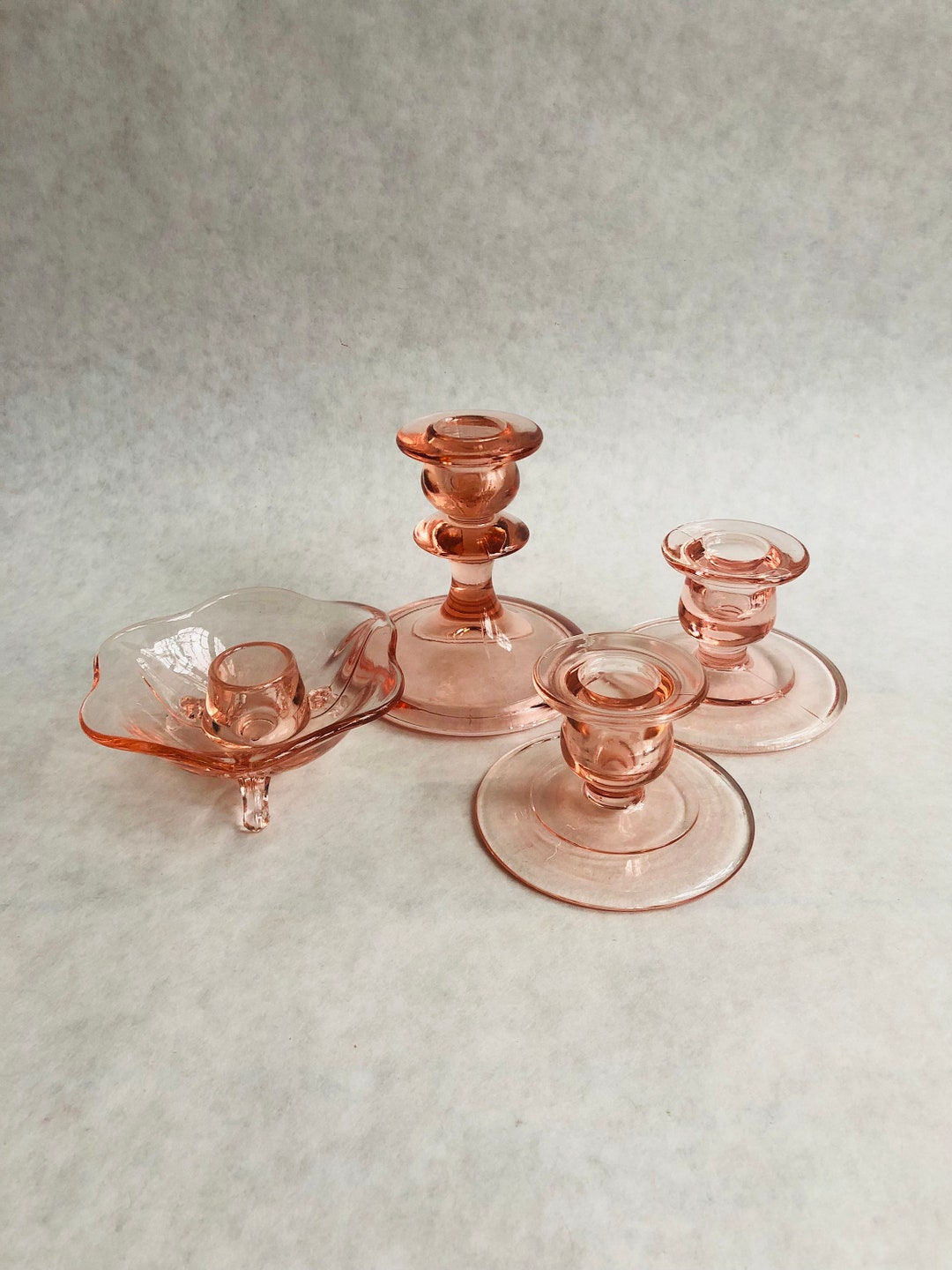 Vintage Pink Glass Candleholder Lot, Vintage Pink Glass Candlestick Holders, Pink Glass