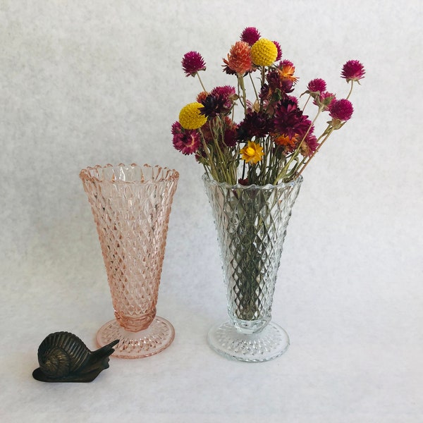 Vintage pink glass vase, cut glass pink vase, retro blush pink vase, vintage pale pink vase, Indiana glass vase, clear diamond point vase